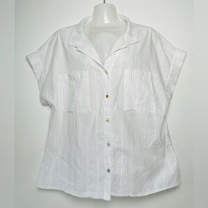 Dear John White metallic folded cuff sleeves Boxy Collared Button front shirt L